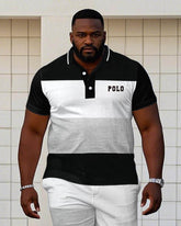 Black & White & Grey Classic Color-block Small Label Printed Short-sleeved POLO Trousers Suit Men's Plus Size